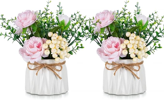 BLOSMON Table Decor Artificial Flowers Vase 7 Inch Small Fake Pink Flower Arrangement 2pcs for Tables Centerpieces Kitchen Dining Room Decorations Faux Flower in Vase Coffee Table Silk Roses