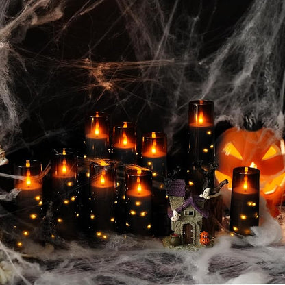 Flameless LED Candles with Timer 9 Pc Flickering Flameless Candles for Romantic Ambiance and Home Decoration Stable Acrylic Shell,with Embedded Star String,Battery Operated Candles（Black）