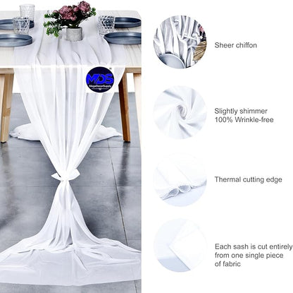 MDS 15 Pack 10ft Chiffon Table Runner 29 x 120 Inches Sheer Wedding Runner Romantic Rustic Table Runner for Wedding Decorations, Birthday Parties, Bridal Shower Party Arch Decor - White