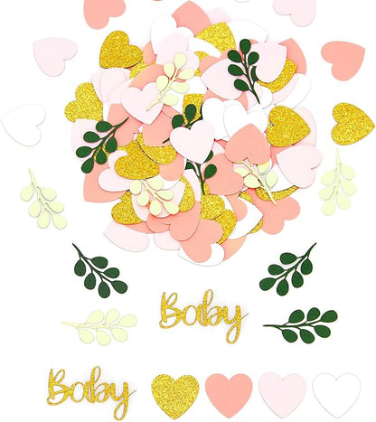 200PC Greenery Baby Shower Confetti Pink and Sage Green Baby Shower Decorations for Girl Eucalyptus Hearts Table Scatters for Its a Girl Party Decor Supplies