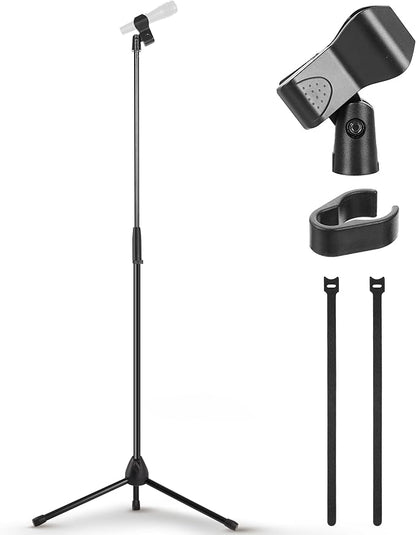 Pyle Tripod Microphone Stand, Height Adjustable from 39.37" to 66.14'', Mic Stand for Floor, Sturdy and Durable Build, Non-Slip Rubber Feet, With 5/8" Screw Adapter, Cable Clip, Compact Folding Design