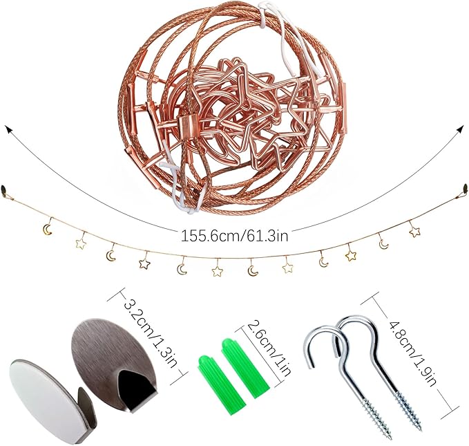 Chain Photo Clip Wall-Mounted Picture Holder Metal Photo String with 12 Clips for Hanging Painting Family Photos Artworks Home Decor(Fixed) (Rose Gold-Star and Moon)