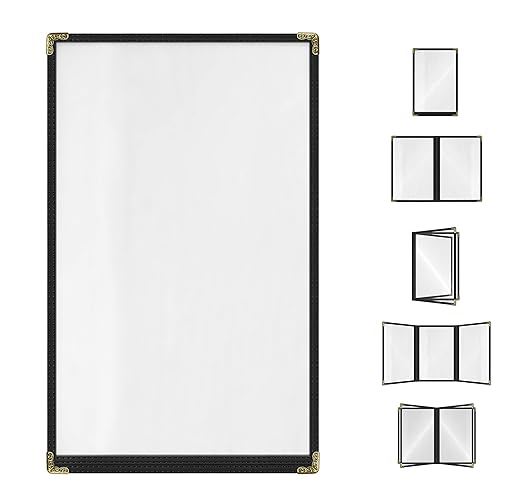 Goodsmart Restaurant Menu Covers – 25 Pack Black 2-View, Top-Loading Menu Holders, Vinyl & Plastic Café Menu Covers, Clear Menu Sleeves, Fits 8.5" x 14", Leather-Style Design, Gold Corners