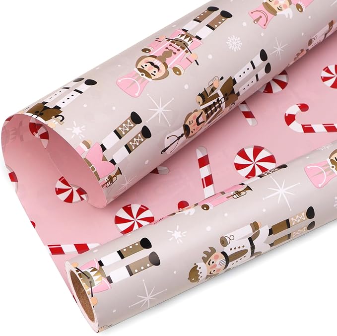Ribbli Reversible Christmas Wrapping Paper Rolls, Nutcracker and Candy Cane Pink Gift Wrapping Paper-17 Inch x 33 Feet