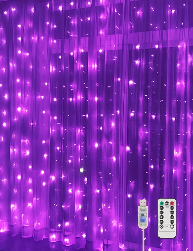 suddus Purple Curtain Lights for Halloween, 200 LED Hanging String Lights with USB Plug, Curtain String Lights Indoor for Bedroom Wall, Christmas, Party, Porch, Holiday Decorations, 6.5ft * 6.5ft