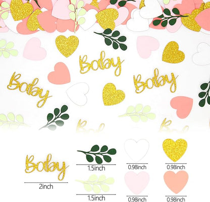 200PC Greenery Baby Shower Confetti Pink and Sage Green Baby Shower Decorations for Girl Eucalyptus Hearts Table Scatters for Its a Girl Party Decor Supplies