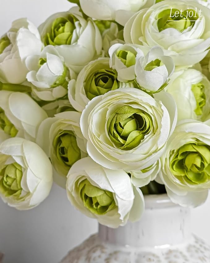 Letjolt Ranunculus Artificial Flower 18 Pcs Green Silk Ranunculus Wedding Bouquet Engagement Centerpieces Arrangements Bridal Shower Decorations Home Decor, Green