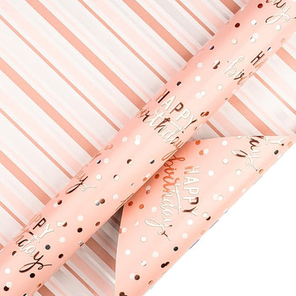 LeZakaa Reversible Pink Birthday Wrapping Paper Roll for Girls Women, Happy Birthday Lettering & Stripe Pattern with Metallic Foil in Pink, Mini Roll, 17 inches x 32.8 Feet (46.45 sq.ft.)