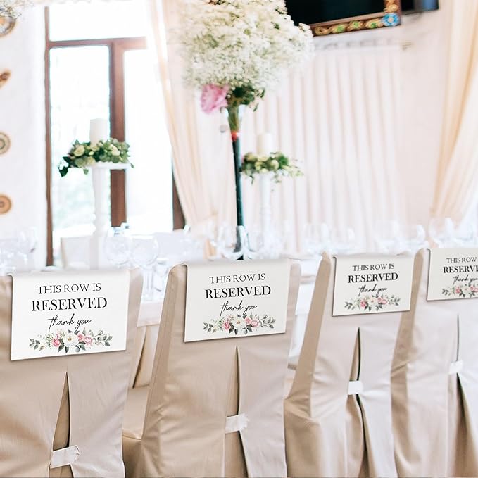 Reserved Seating Chair Signs, This Row Is Reserved Pew Cloths Seating Placeholder for Church Pews, Wedding Decorations for Reception Parties Celebrations Event Meetings (Pink Floral, 4 PCS)