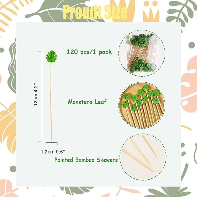120 Pcs Monstera Leaf Cocktail Picks 4.7" Drinks Fruits Hawaiian Party Food Garnish Skewer Sticks St. Patrick's Day Decorations Supplies Cowboy Handmade Bamboo Toothpicks