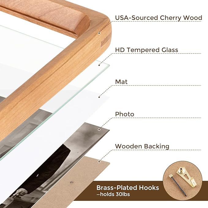 22x28 Picture Frame USA-Sourced Natural Cherry Wood Solid Original Wood Photo Frame Rounded Corner with Mat to 18x24 Picture Display with Real Glass Family Picture, Wedding Picture, Photo, Certificate