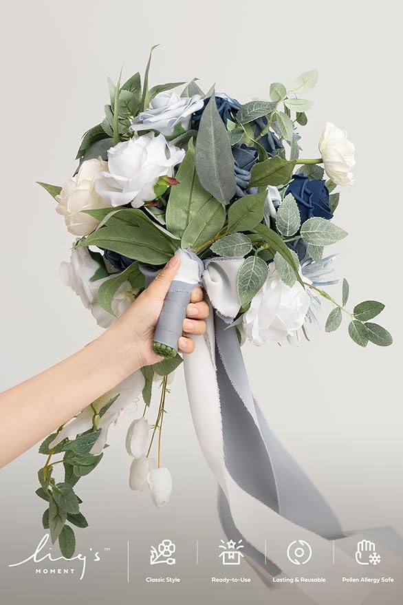 Ling's moment Dusty Blue Bridal Bouquet Cascading, Wedding Bouquets for Bride, 15 Inch Bride Bouquets for Wedding Artificial Flowers Bouquets
