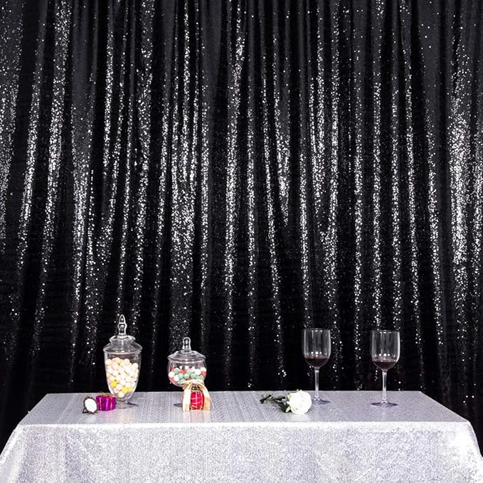 SquarePie Sequin Backdrop Curtain Not See Through Thick Glitter Background for Party 8FT x 10FT Black