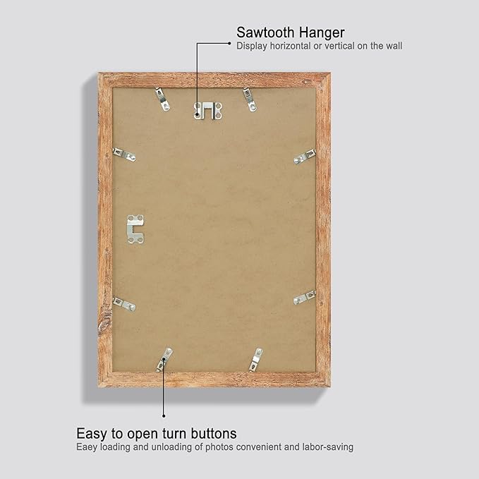 10x14 Picture Frame Set of 4 with Tempered Glass, Rustic Brown Frame Display 8x12 Pictures with Mat or 10 x 14 Without Mat, Wooden Photo Frames for Wall Mounting
