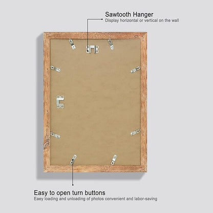 10x14 Picture Frame Set of 4 with Tempered Glass, Rustic Brown Frame Display 8x12 Pictures with Mat or 10 x 14 Without Mat, Wooden Photo Frames for Wall Mounting