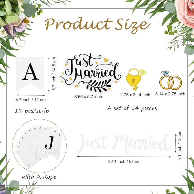 16 Pcs Just Married Car Decorations Include 14 Assorted Ornate Car Magnets Just Married Window Decal and Cardstock Sign Banner Wedding Decorations for Bridal Shower Honeymoon Photo Props