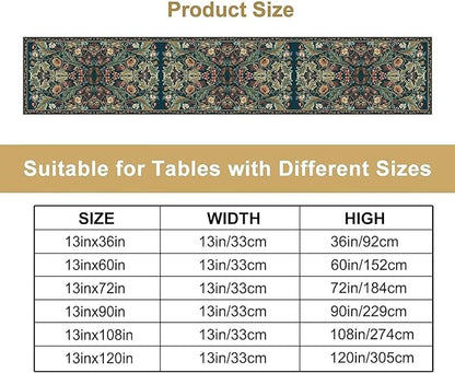 Green Morris Floral Table Runner, Boho Rustic Country Farmhouse Teal Red Rose Pattern for Home Kitchen Table Decor Dining Coffee Room Party Decor 13x72in
