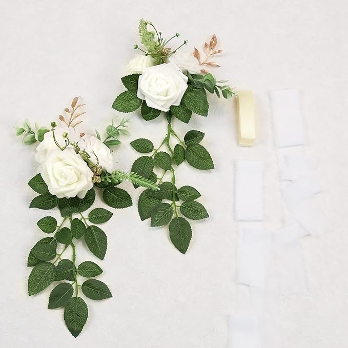 Wedding Aisle Decorations for Wedding Ceremony Set of 10 Pew Flowers for Church Chair Decorations Party Decor with Artificial Flowers Eucalyptus and Ribbons White