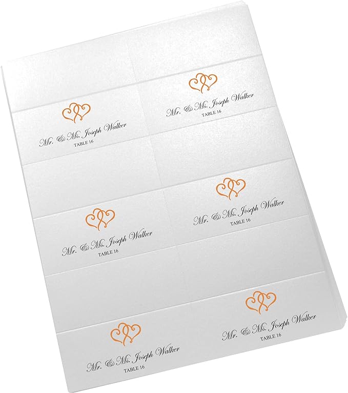 Linked Hearts Printable Place Cards, Orange (Choose Color), Set of 150 (25 Sheets), Laser & Inkjet Printers - Wedding, Party, Dinner, and Special Events - Made in the USA