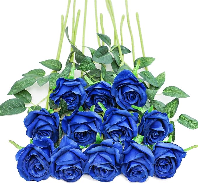 Tifuly Royal Blue Roses Artificial Flowers -12 pcs Realistic Single Long Stem Fake Silk Roses Bouquet for Party Home Wedding Centerpiece Office DIY Decor