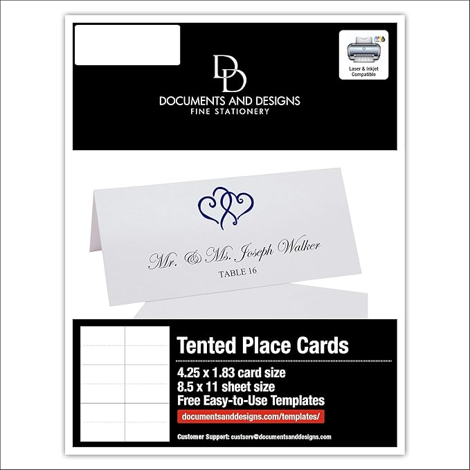 Linked Hearts Printable Place Cards, Navy (Choose Color), Set of 60 (10 Sheets), Laser & Inkjet Printers - Wedding, Party, Dinner, and Special Events - Made in the USA