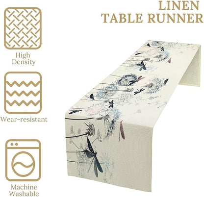 Dandelion Table Runner,Nature Rustic Dragonfly Teal Blue Floral Pattern Print Burlap Tablecloth for Hotel Indoors Outdoor Dining Room Kitchen Table Decor, 13x36in