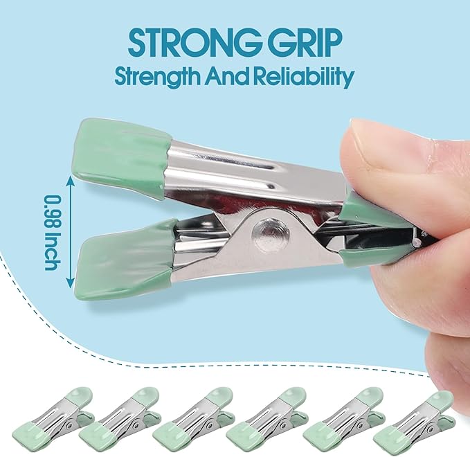 Clothes Pins Heavy Duty 30 Pack - 2.17 Inch Metal Chip Clips, Clothespins for Photo Drying Clothesline Laundry Sock, Bag Clips for Food Kitchen Stainless Steel with Rubber, Light Green