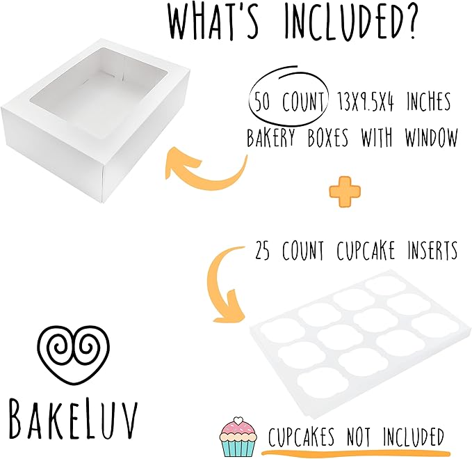 BAKELUV White 12 Cupcake Boxes, Cupcake Containers | 13x9.5x4, 50 Pack