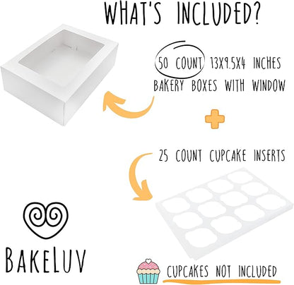 BAKELUV White 12 Cupcake Boxes, Cupcake Containers | 13x9.5x4, 50 Pack