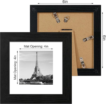 6x6 Picture Frame Set of 4 with High Definition Glass, Black Frames Display 4x4 Picture with Mat or 6 x 6 Without Mat, Square Wood Photo Frame for Wall Mount and Tabletop Display