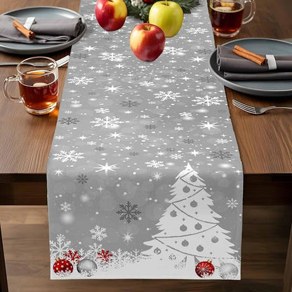 Christmas Snowflakes Cotton Linen Table Runner for Dining Kitchen, Xmas Tree Snow Winter Wedding Outdoor Party Tablerunners Decoration, Grey Balls Dresser Scarf Coffee Tablecloth Runners 13x70 Inches