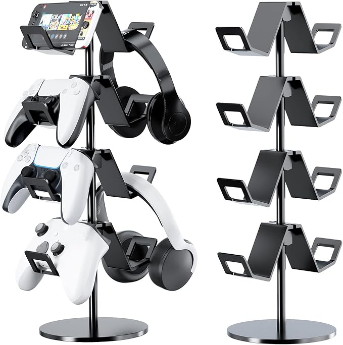 Controller Holder 4 Tier,Headphone Stand - Adjustable Headset Holder for Xbox PS5 PS4 Switch Pro - Gaming Storage for Universal Game Accessories,Desk/Floor(Black)