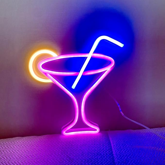 Cocktails Pink Neon Sign,Led Wine Glass Neon Light Battery and USB Dual Powered Bar Neon Night Light Signs for Wall Decor,Cocktails Night Lamp for Bar, Club, Cocktail Bar, Restaurant, Shop