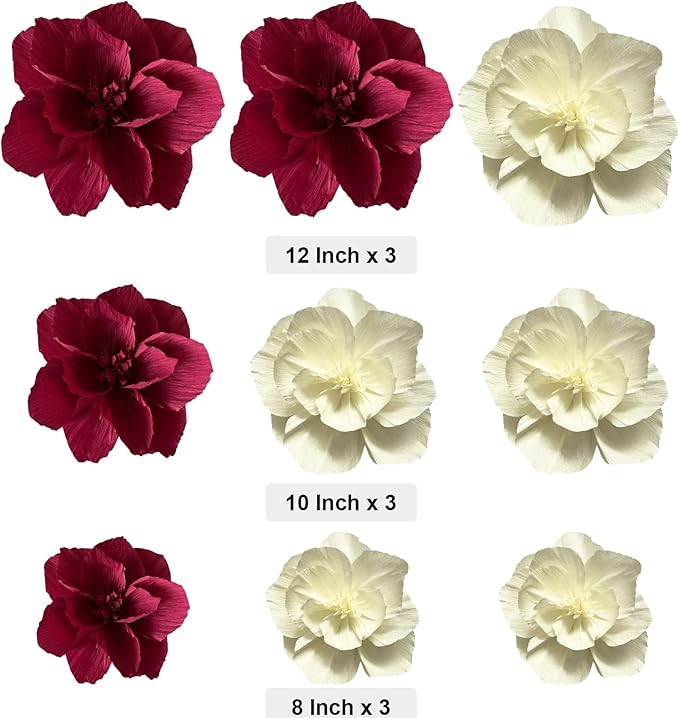 BRT Bearingshui Crepe Paper Flowers Decoration for Wall Total 9 Pcs, Artificial Flowers Backdrop for Wedding Decor Baby Bridal Shower Birthday Party, Burgundy Cream 3D Wall Flowers Decor
