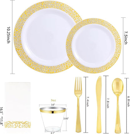 WELLIFE 350Pcs Gold Dinnerware Sets, Plates and Napkins Party Supplies Include:50 Dinner Plates, 50 Dessert Plates, 50 Paper Napkins, 50 Cups, 50 Gold Plastic Cutlery Set