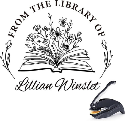 Personalized Book Stamp - Custom Book Embosser Library Gifts for Book Lovers, Readers, Teachers (Floral-08)