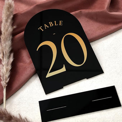 UNIQOOO Black Arch Wedding Table Numbers with Stands 1-20, Gold Foil Printed 5x7 Double Sided Acrylic Signs and Holders, Perfect for Centerpiece, Reception, Decoration, Party, Anniversary, Event