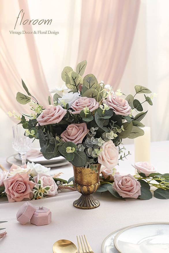 Floroom Artificial Flowers 25pcs Real Looking Shabby Blush Foam Fake Roses with Stems for DIY Wedding Bouquets Bridal Shower Centerpieces Floral Arrangements Party Tables Home Decorations