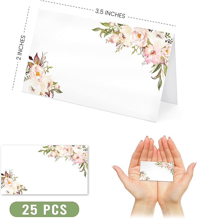 Hadley Designs 25 Pink Peony Floral Tent Table Place Card For Wedding Thanksgiving Christmas Catering Buffet Food Sign Paper Name Escort Card Folded Number Seat Assignment Setting Label Banquet Party
