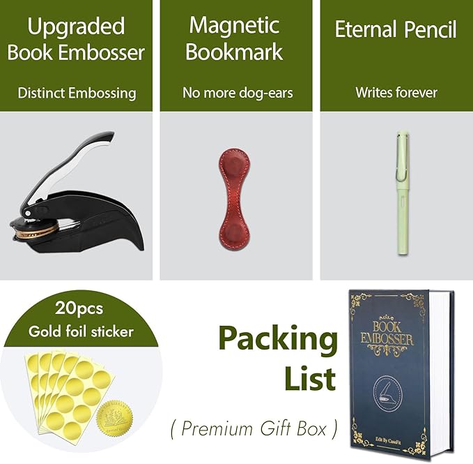 Upgraded Book Embosser Personalized | Custom Book Stamp | Storage Gift Box Set - Include Magnetic Bookmark and Eternal Pencil & 20 pcs Foil Sticker for Hardcover Books, Envelopes, Leather