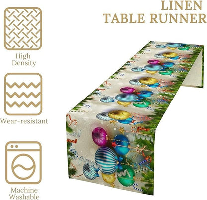 Christmas Table Runner,Colorful Balls Xmas Tree Snowflake Pattern Print Tablecloth Burlap for Hotel Indoors Outdoor Dining Room Kitchen Home Decor,W13X L60 in