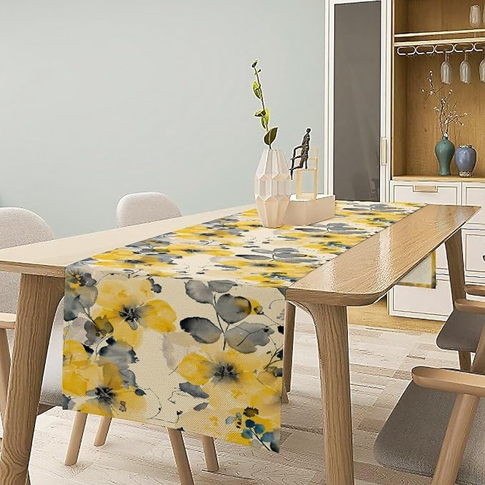 Floral Table Runner,Yellow Flowers Spring Print Table Cloth Kitchen Dining Table Home Party Decoration 13x90 Inch