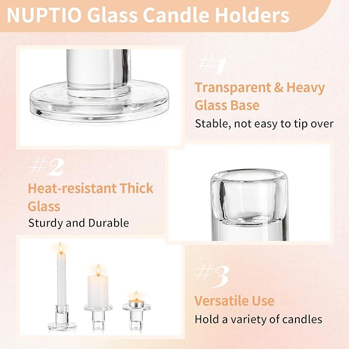 NUPTIO Glass Candle Stick Holder: Set of 10 Clear Small Taper Candlestick Holders for Tapered Candles Bulk Crystal Short Tapers Candlesticks Candleholder for Dining Table Fireplace Mantle Decor