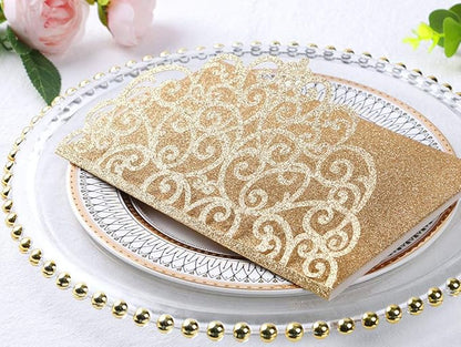 ponatia 5.12 x 7.2 Laser Cut Invitation Pocket, 20PCS Tri-Fold 5 x 7 Laser Cut Wedding Invitation Pockets with Envelopes for Wedding Bbay Shower Birthday Invite (Gold Glitter, No Inner Sheet)