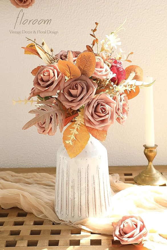 Floroom Artificial Flowers 25pcs Real Looking Warm Taupe Foam Fake Roses with Stems for DIY Wedding Bouquets Bridal Shower Centerpieces Floral Arrangements Party Tables Home Decorations
