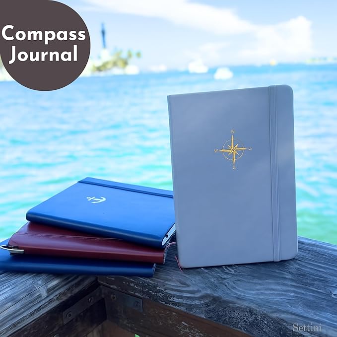 SETTINI Lined Journal, Ideal for Journaling - A5 Vegan Leather Notebook, 192 Archival-Quality Pages, QuillEase Bleed-Free Paper, Inner Pocket & Bookmark - Travel Journal for Men & Women, Grey Compass