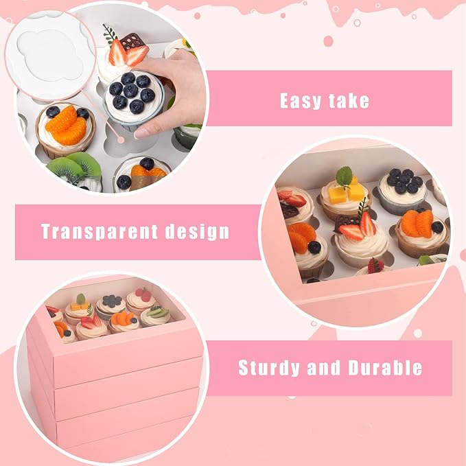 VGOODALL 12 Count Cupcake Boxes, 6PCS 13.2x9.8x4Inches Pink Cupcake Container with Window Boxes Holding 72 Pastry Box for Birthday Holiday Party Bakery Supplies