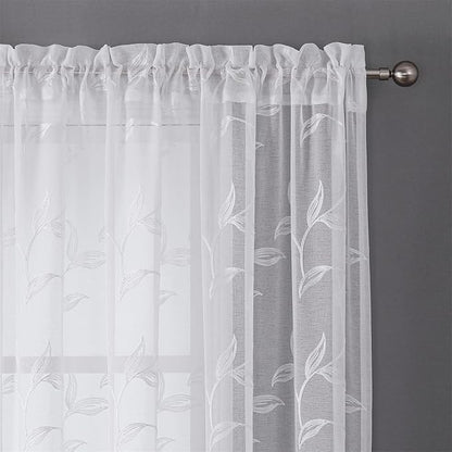 VISIONTEX Sheer Curtains 120 inch Length 2 Panels Set, White Voile Crushed Vine Leaves Embroidery, Rod Pocket Embroidered Window Drapes for Living Room and Bedroom, 54" x 120"
