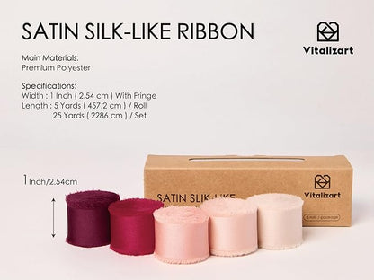 Vitalizart Silk Like Satin Ribbon 1 inch x 25 Yard Red & Pink Handmade Frayed Ribbons for Gift Wrapping Baby Shower Wedding Bridal Bouquets Holiday Decor
