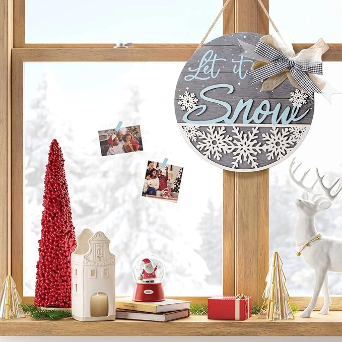 CHDITB Let It Snow Winter Decoration Sign(11.4”x11.4”), 3D Snowflake Xmas Winter Front Door Sign with Bow, Christmas New Year Housewarming Gift for Front Door Porch Farmhouse Indoor
